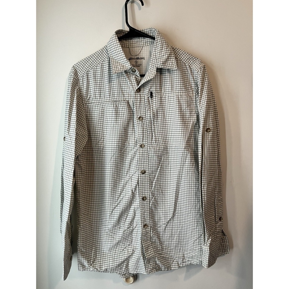 Eddie Bauer‎ Shirt Mens Small White Plaid Button Up Fishing Shirt Long Sleeve